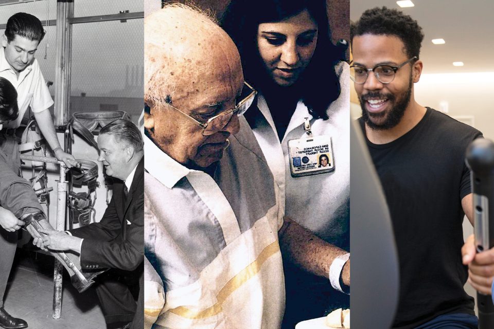 Montage of historical photos of Rusk Rehabilitation physiatrists and patients.