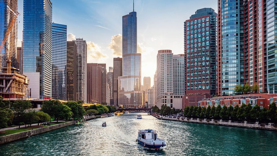 Chicago River cityscape at sunset