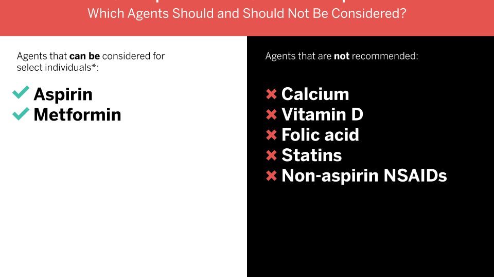 table comparing recommended and not recommended chemoprevention agents