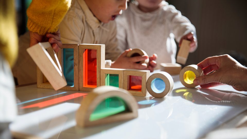 Children playing with colorful blocks with an adult